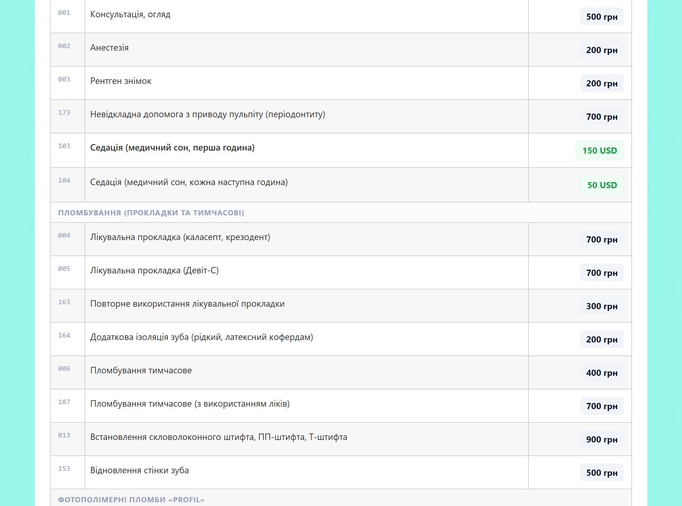 Published prices